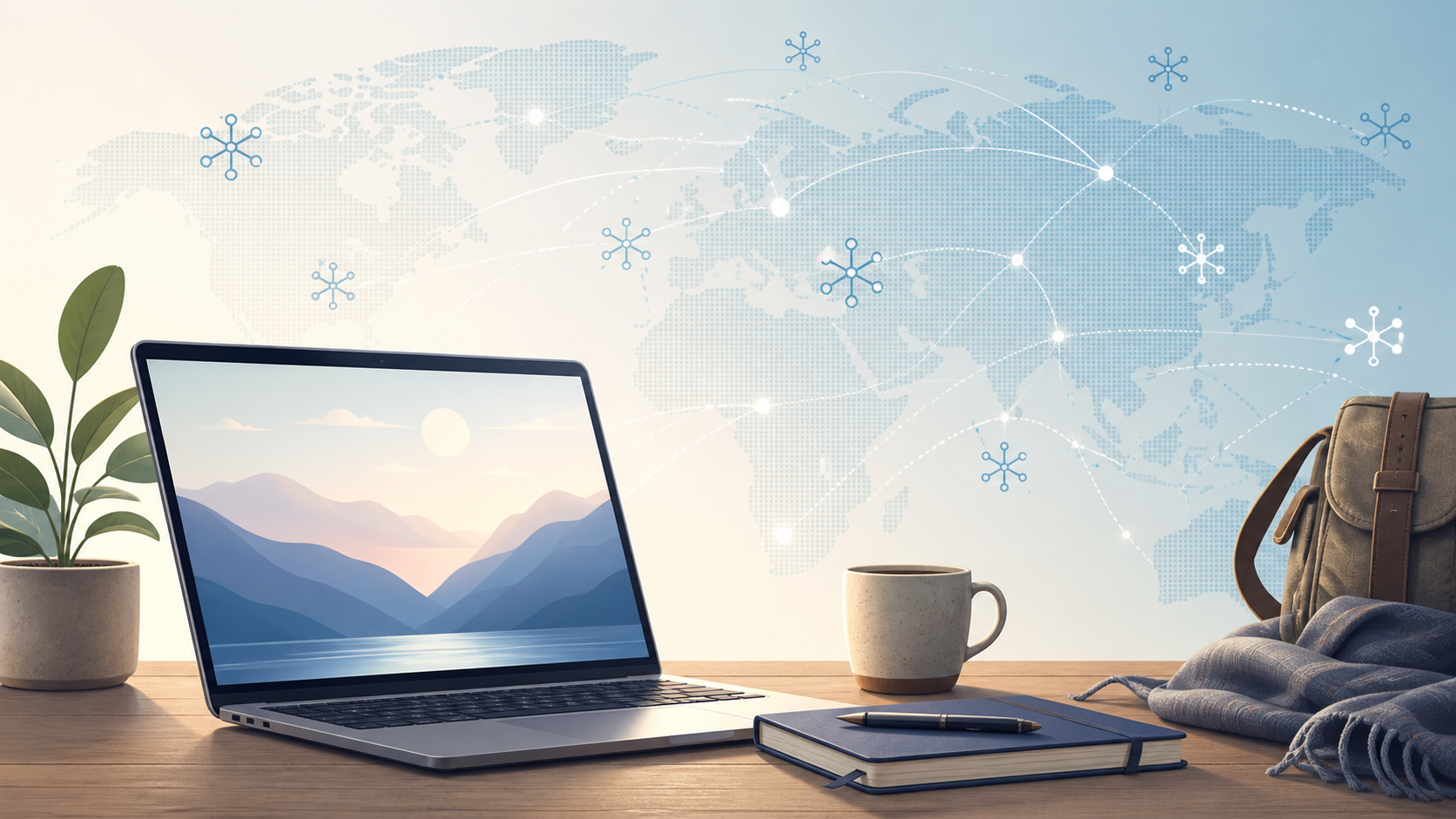 Traveler laptop with abstract global connection paths for censorship circumvention preparedness
