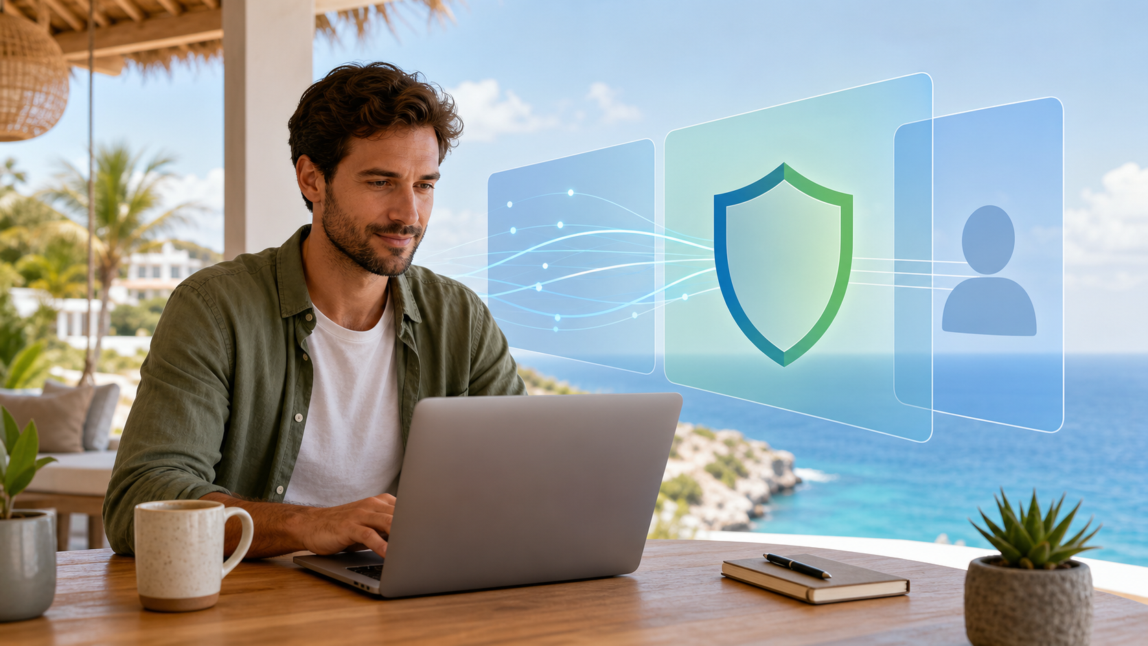 Person using a laptop with abstract privacy layers showing VPN network separation