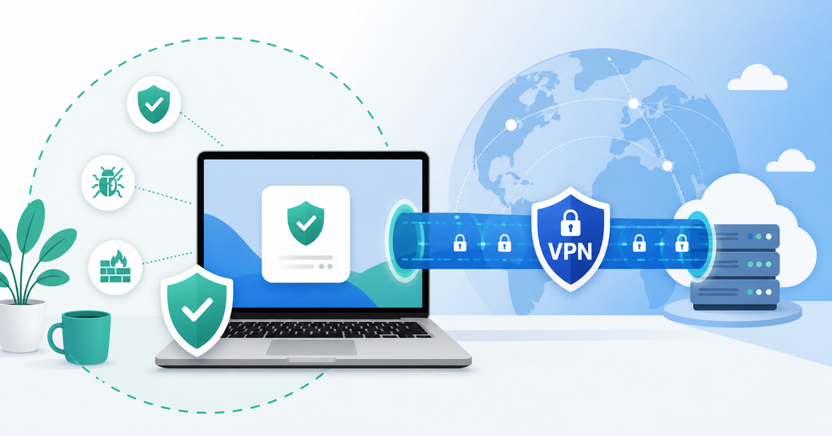 Illustration of a laptop with device protection symbols and a VPN tunnel to a server.