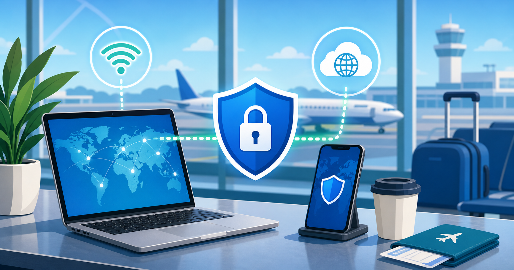 Illustration of traveler devices protected by a VPN on airport Wi-Fi