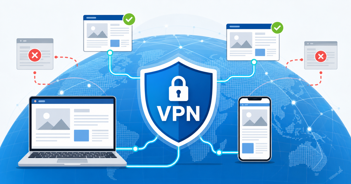 VPN shield connecting devices to generic news pages over a global network map