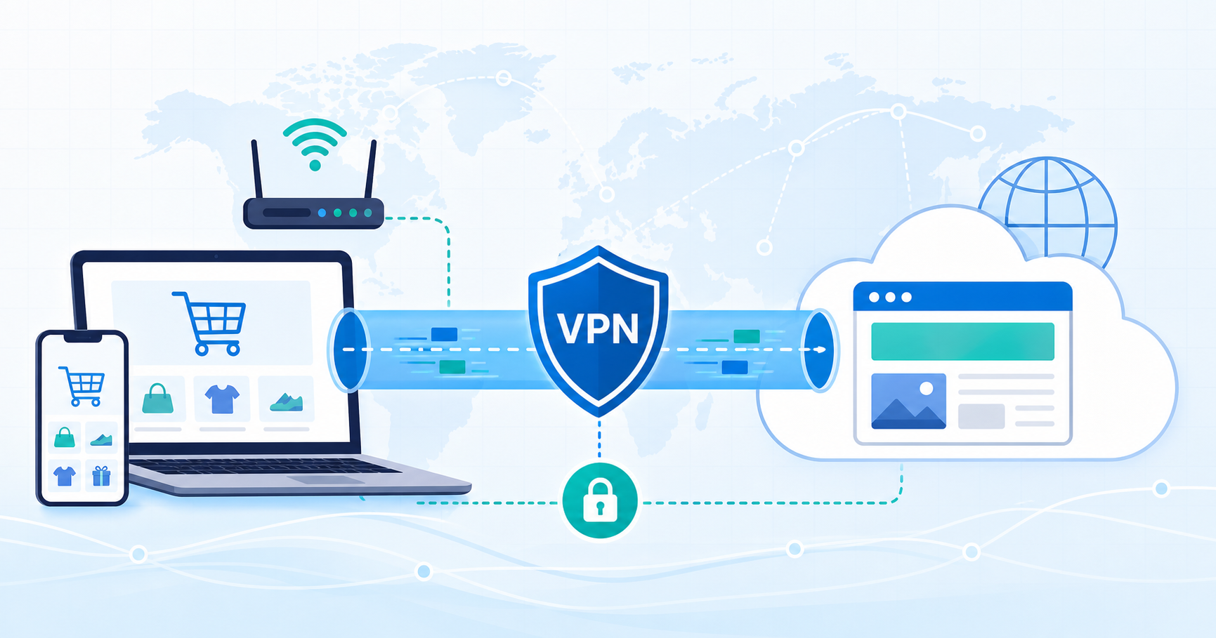 Generic VPN tunnel protecting an online shopping session from local network visibility