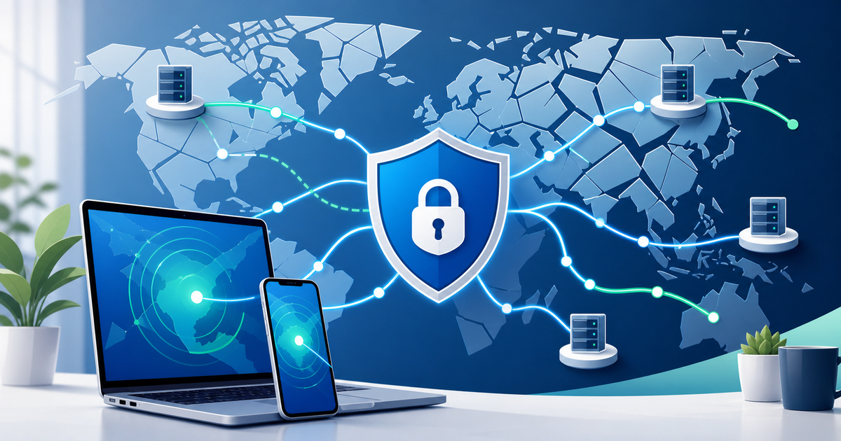 VPN preparation illustration with devices, shield, connection lines, and network map