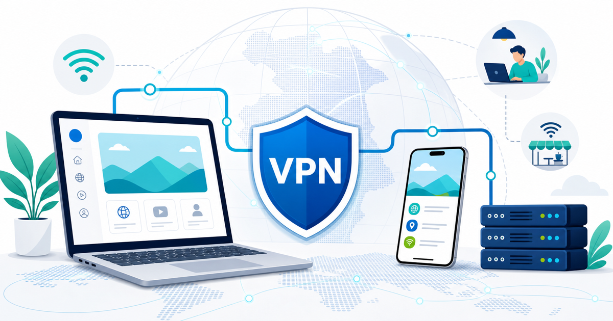 Flat illustration of devices connected through a VPN shield to a globe and server network for Colombia privacy guidance