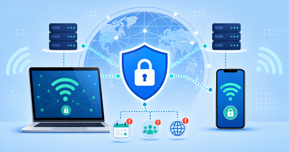 Flat vector VPN preparedness illustration with devices, a lock shield, servers, and a globe network for internet shutdown risk planning.
