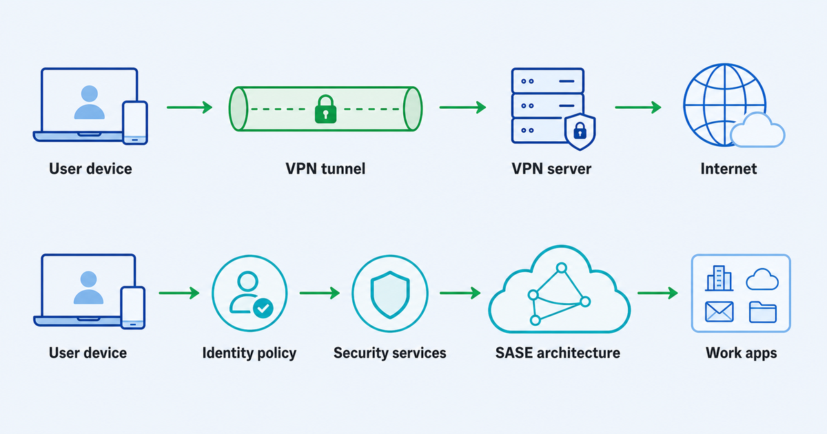 Two-lane diagram comparing a VPN tunnel path with a broader SASE architecture path for small-company access decisions.