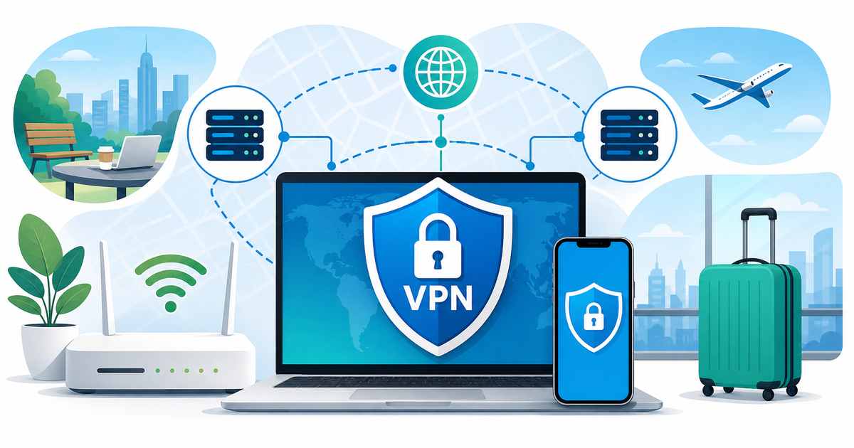Flat vector VPN shield on laptop and phone with public Wi-Fi, servers, and travel elements for VPN readiness in Nigeria